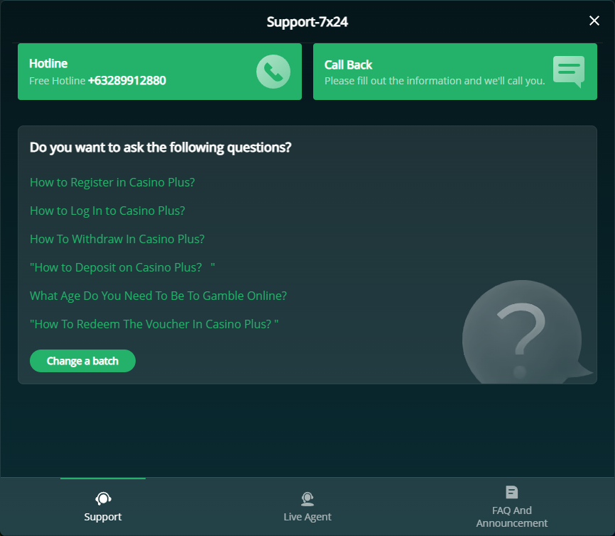 Casino Plus support menu with hotline and Call Back options