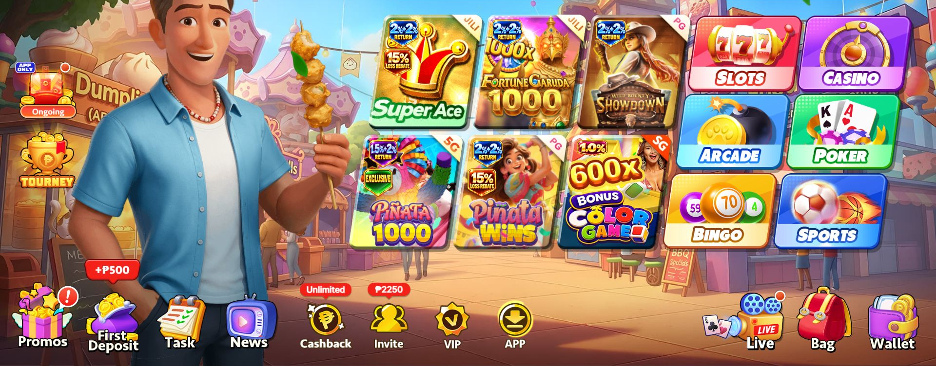 PT Gaming desktop lobby with game tiles, six category buttons and the Promos, VIP, APP and Wallet menu.