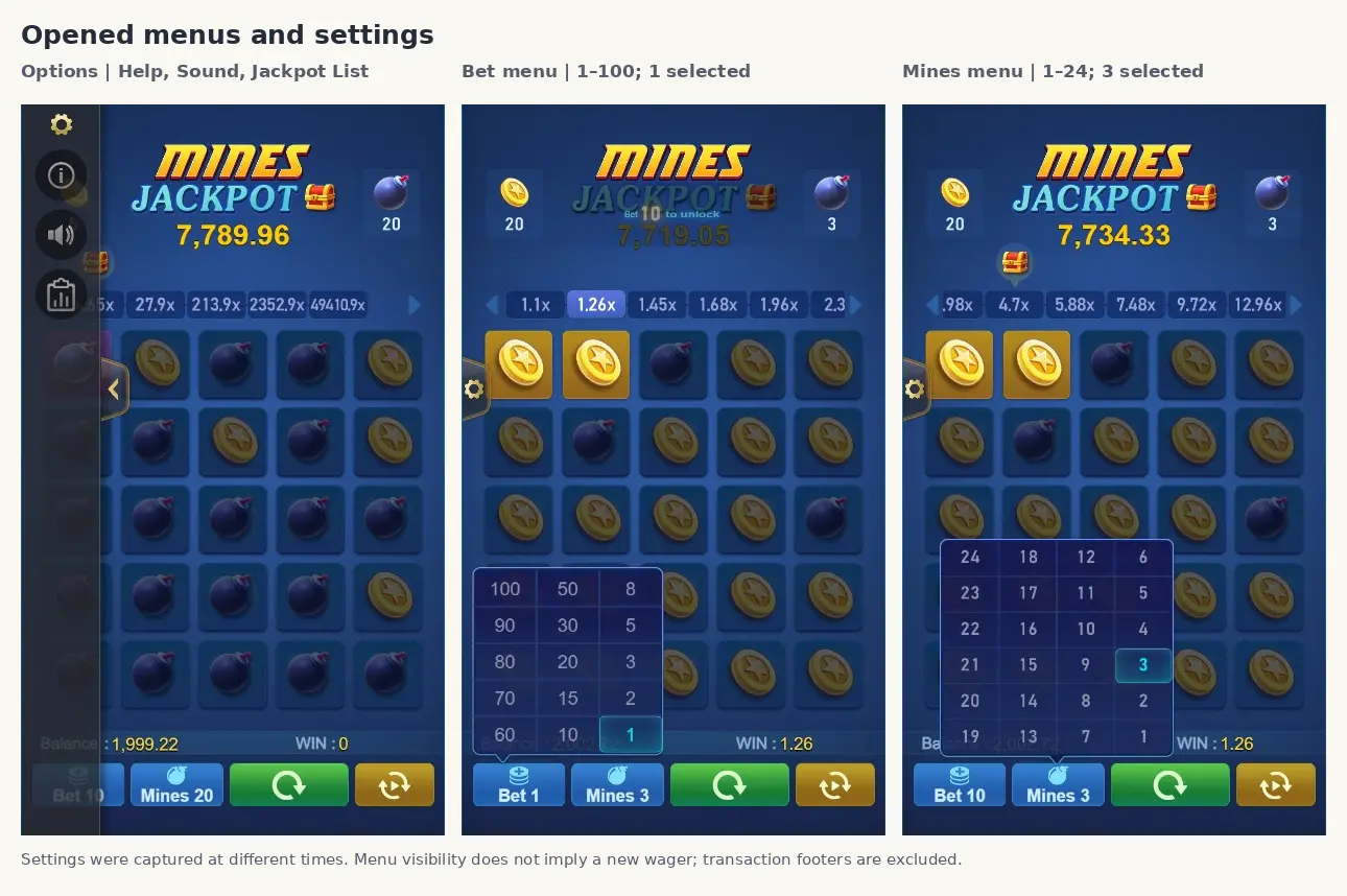 Real Mines menu, bet choices and mine-count selector shown side by side Real Mines menu, bet choices and mine-count selector shown side by side