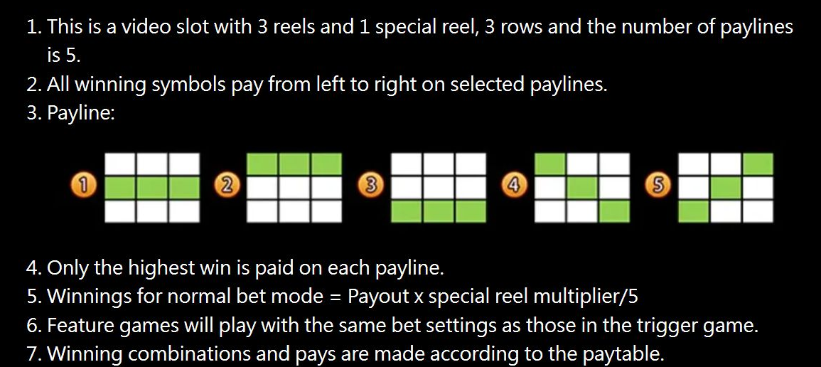 Original Fortune Gems 500 Help showing all five payline routes and the normal payout formula