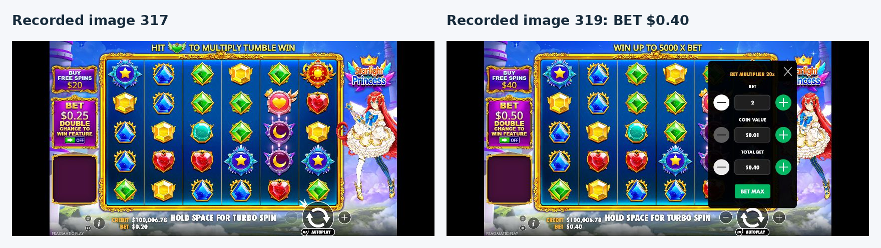 Two 844 by 390 horizontal captures showing the Starlight Princess screen and a stake panel still set to forty cents
