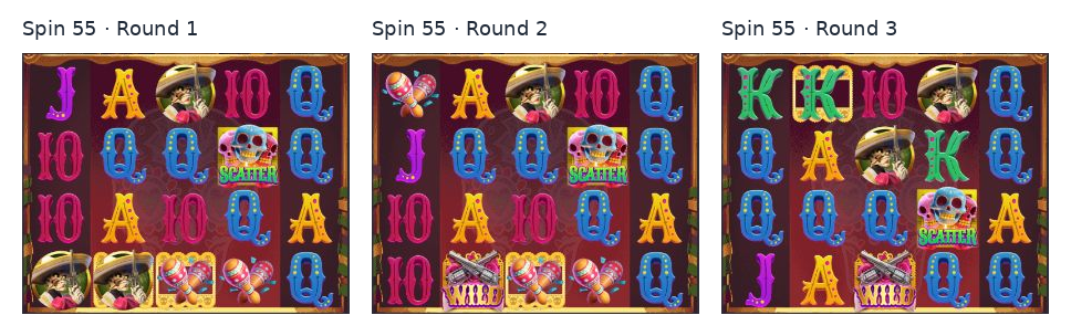 Wild Bandito spin 55 actual History rounds 1 to 3 showing winning gold-framed symbols becoming Wild in the next round