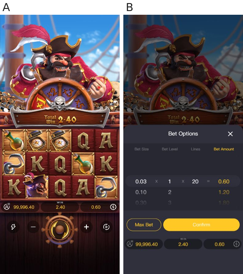 A: Actual 390 by 844 desktop-emulated Captain’s Bounty main view; B: Actual 390 by 844 desktop-emulated viewport with Bet Options open