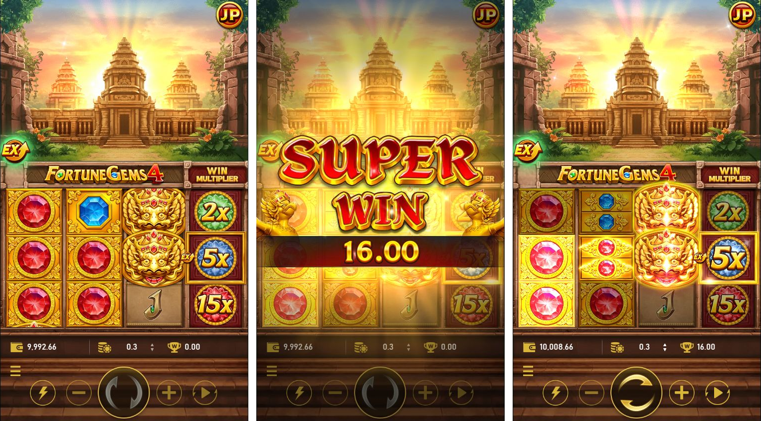 EX spin 35: a centre red-gem split leads to SUPER WIN 16.00 and a final balance of 10008.66.