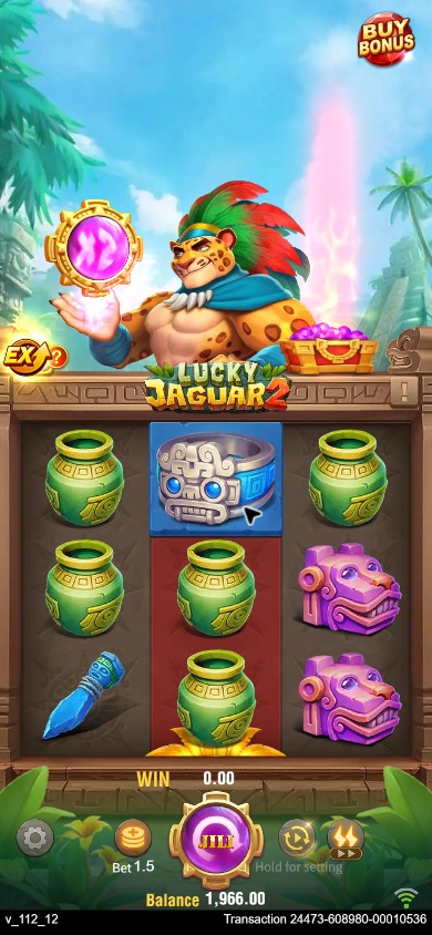 Lucky Jaguar 2 portrait-size layout with character above the board and EX bet 1.5