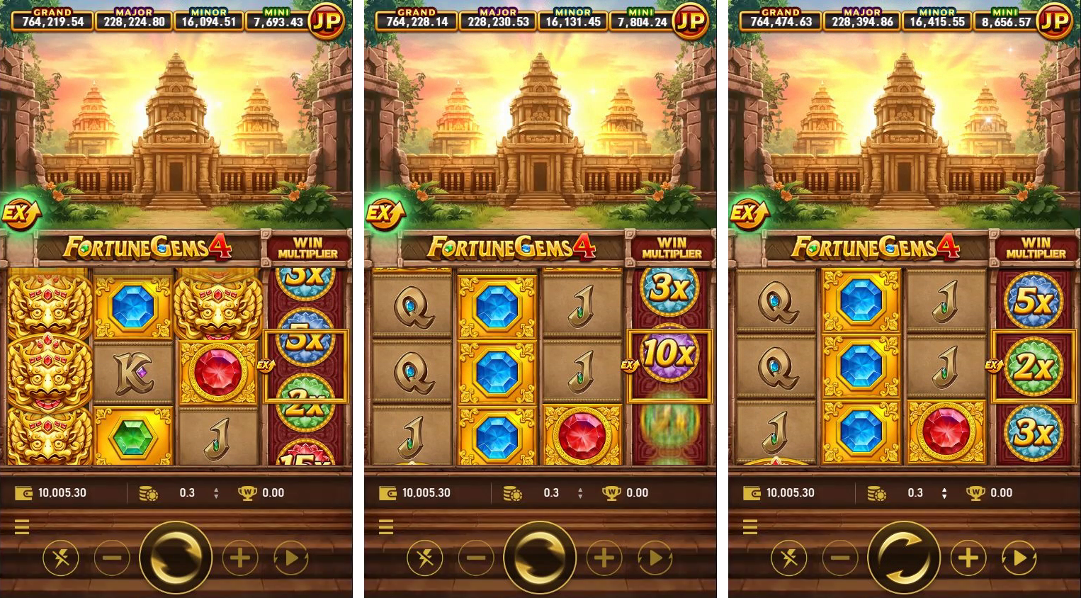 Frames from a real EX spin at Normal speed, including the settled grid.