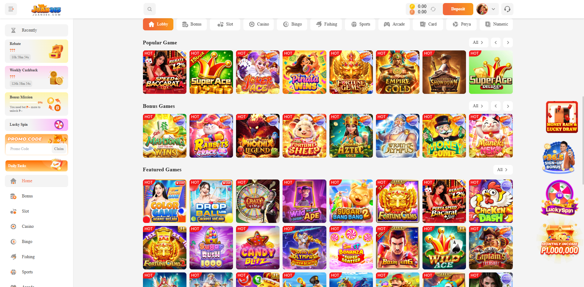 Juan365 logged-in lobby with game categories, popular games and floating promotion icons.