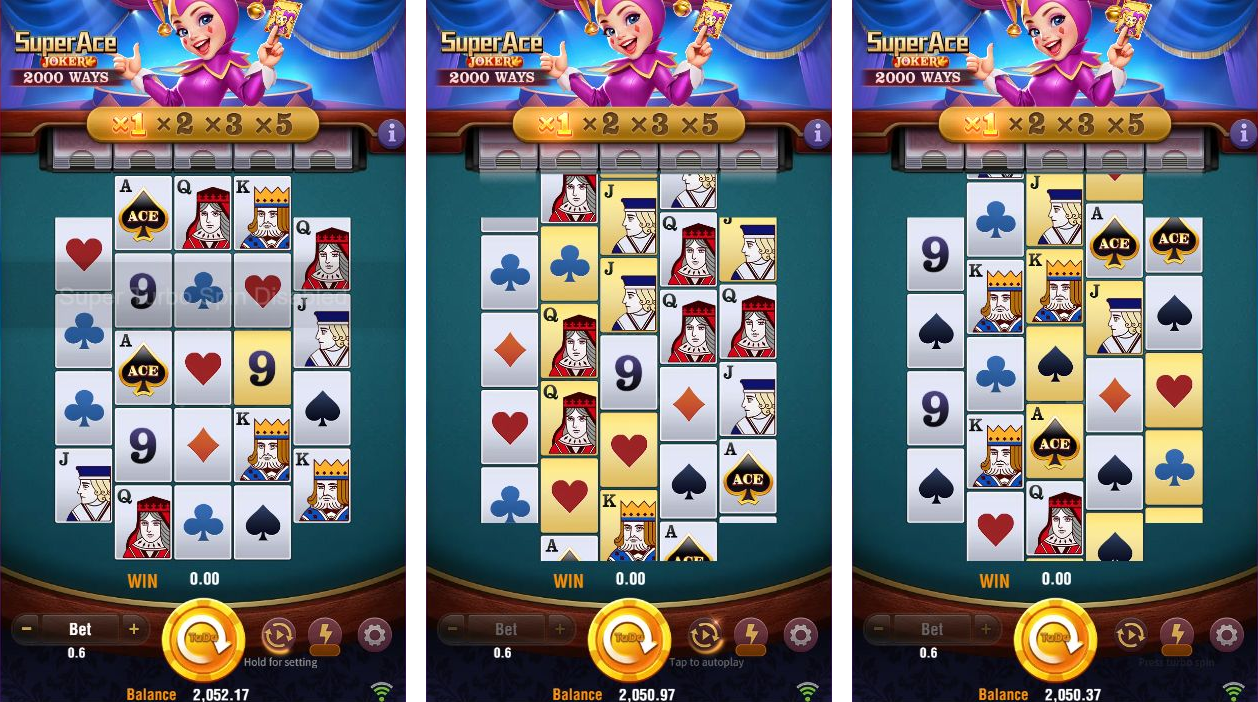 Three actual screenshots near 0, 4 and 8 seconds in the silent Super Ace Joker gameplay clip.
