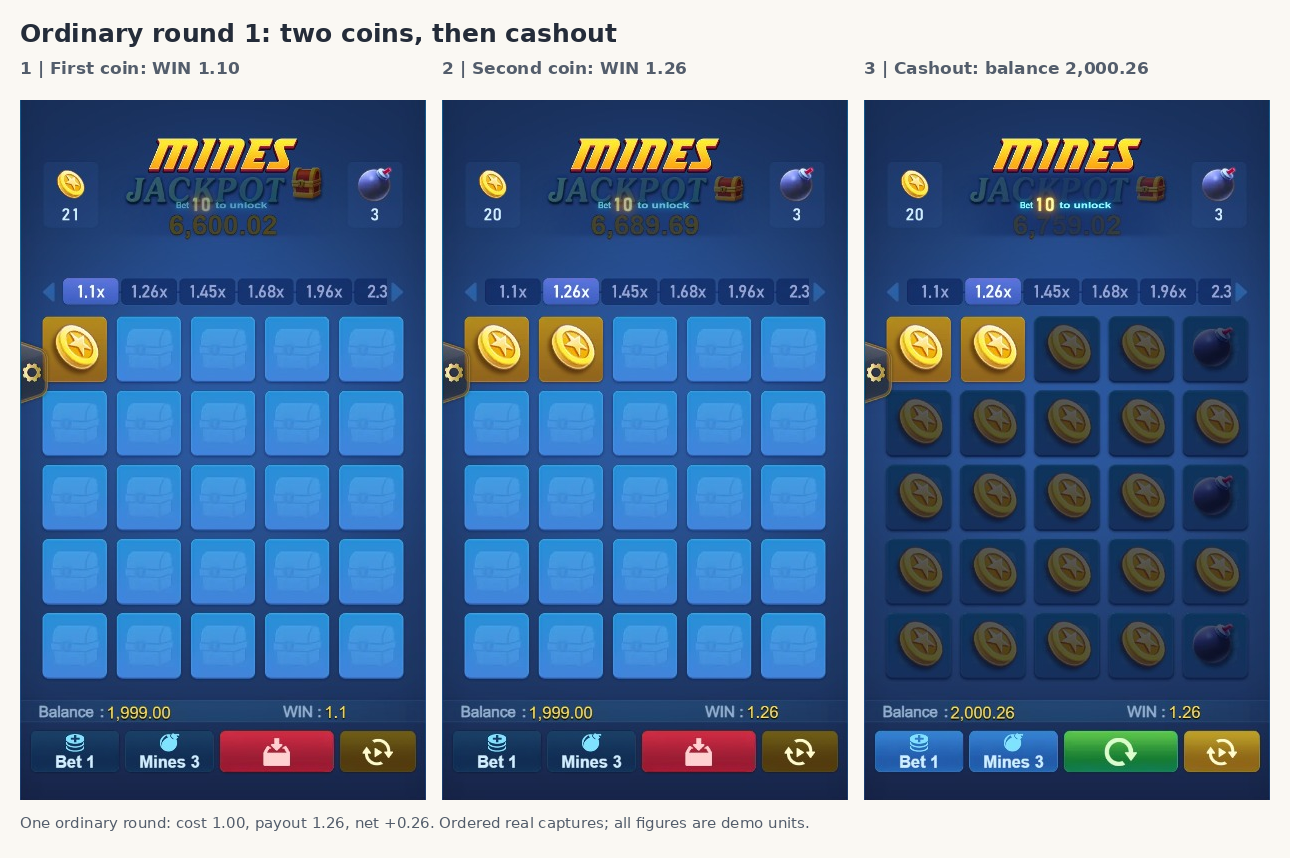 First coin, second coin and settled cashout from ordinary Mines round one First coin, second coin and settled cashout from ordinary Mines round one