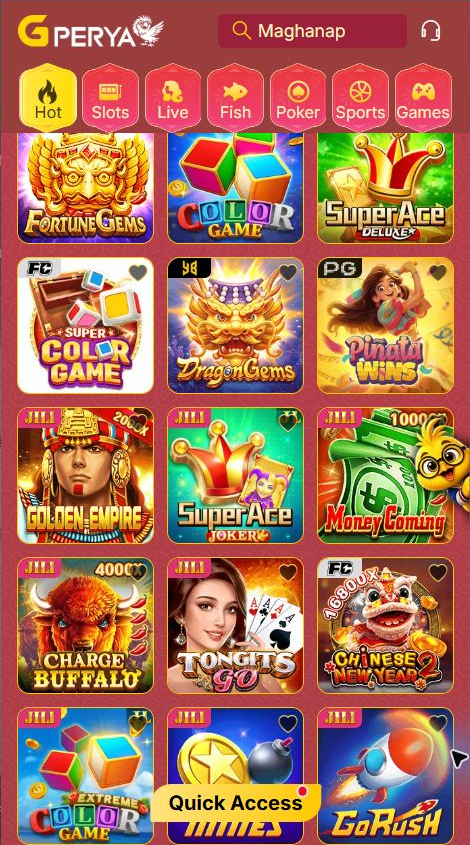 GPerya logo, category navigation and lobby cards for Fortune Gems, Color Game and Super Ace Deluxe
