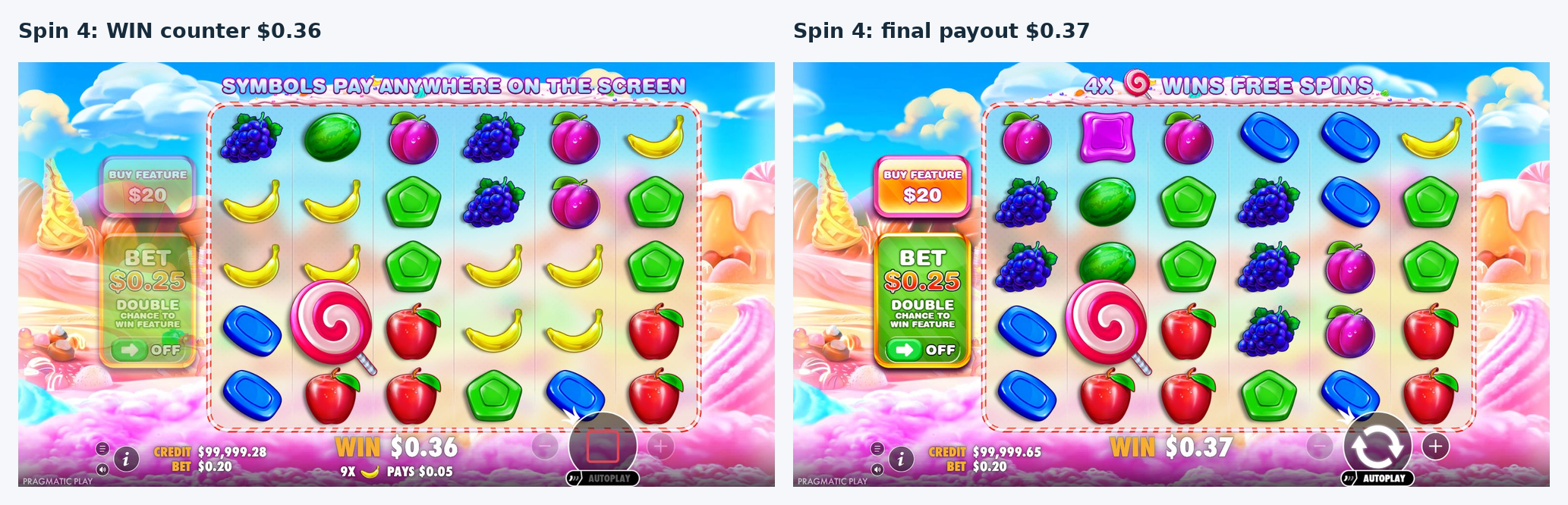 Fourth spin during the changing win counter and after final settlement showing different wallet values