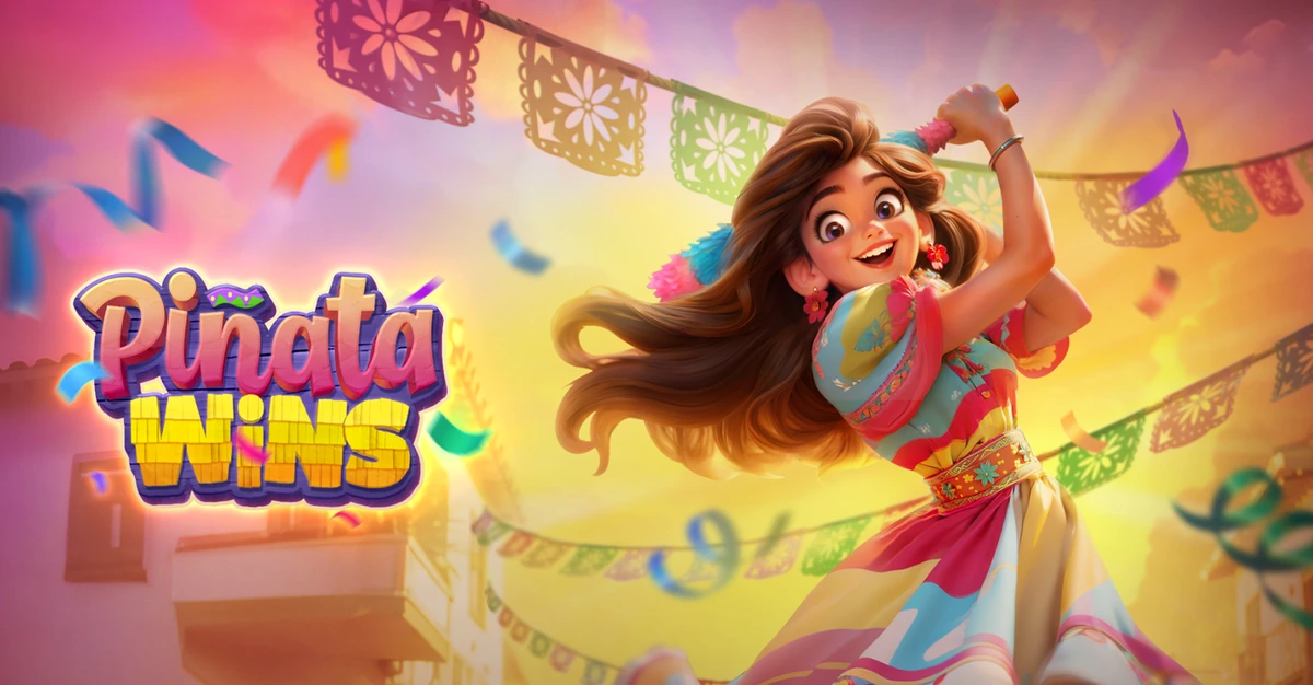 Official Piñata Wins artwork with the game logo, its Wild character and a colourful street celebration.