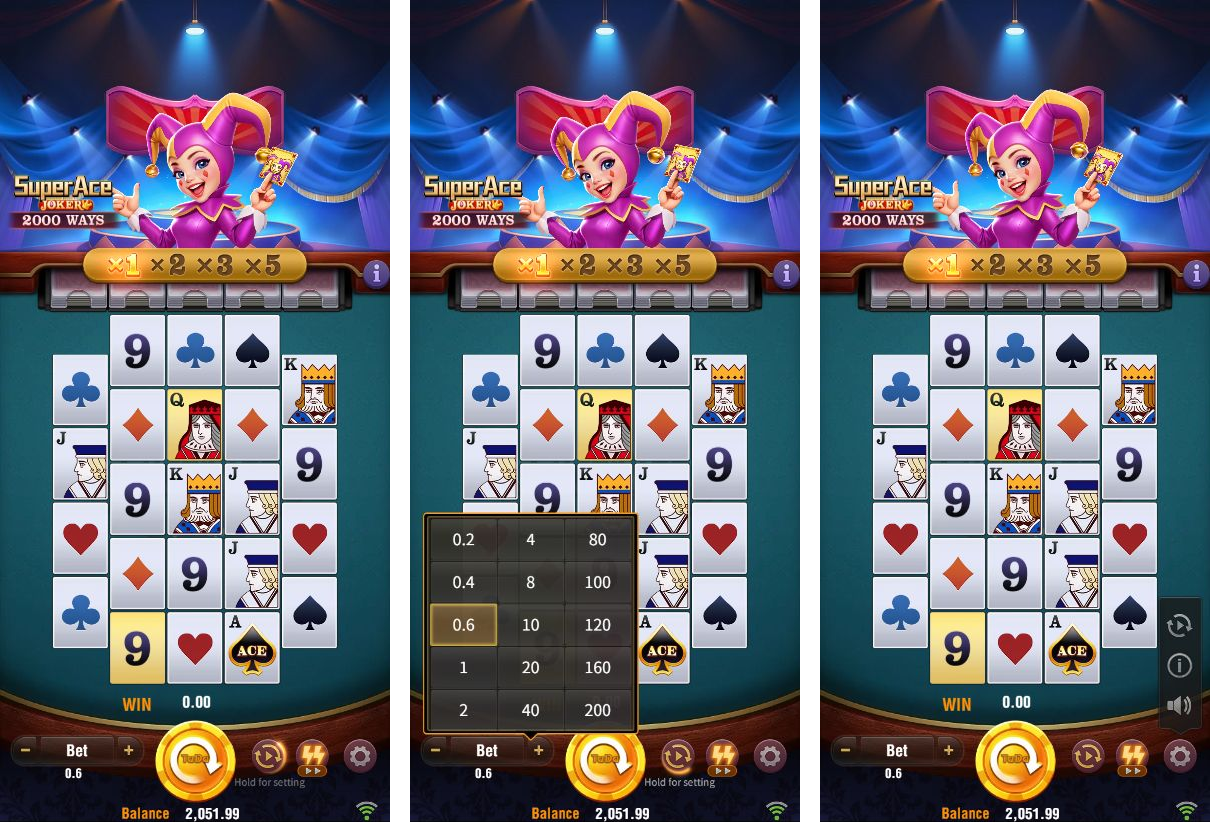 Super Ace Joker main interface, 0.60 bet selection and menu in a simulated 390 by 844 portrait viewport.