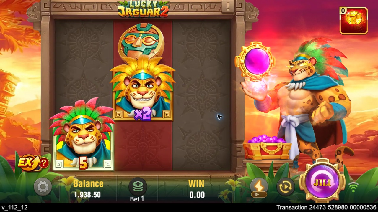 Lucky Jaguar 2 purchased bonus showing masks, a Bonus Wild and a central multiplier Wild