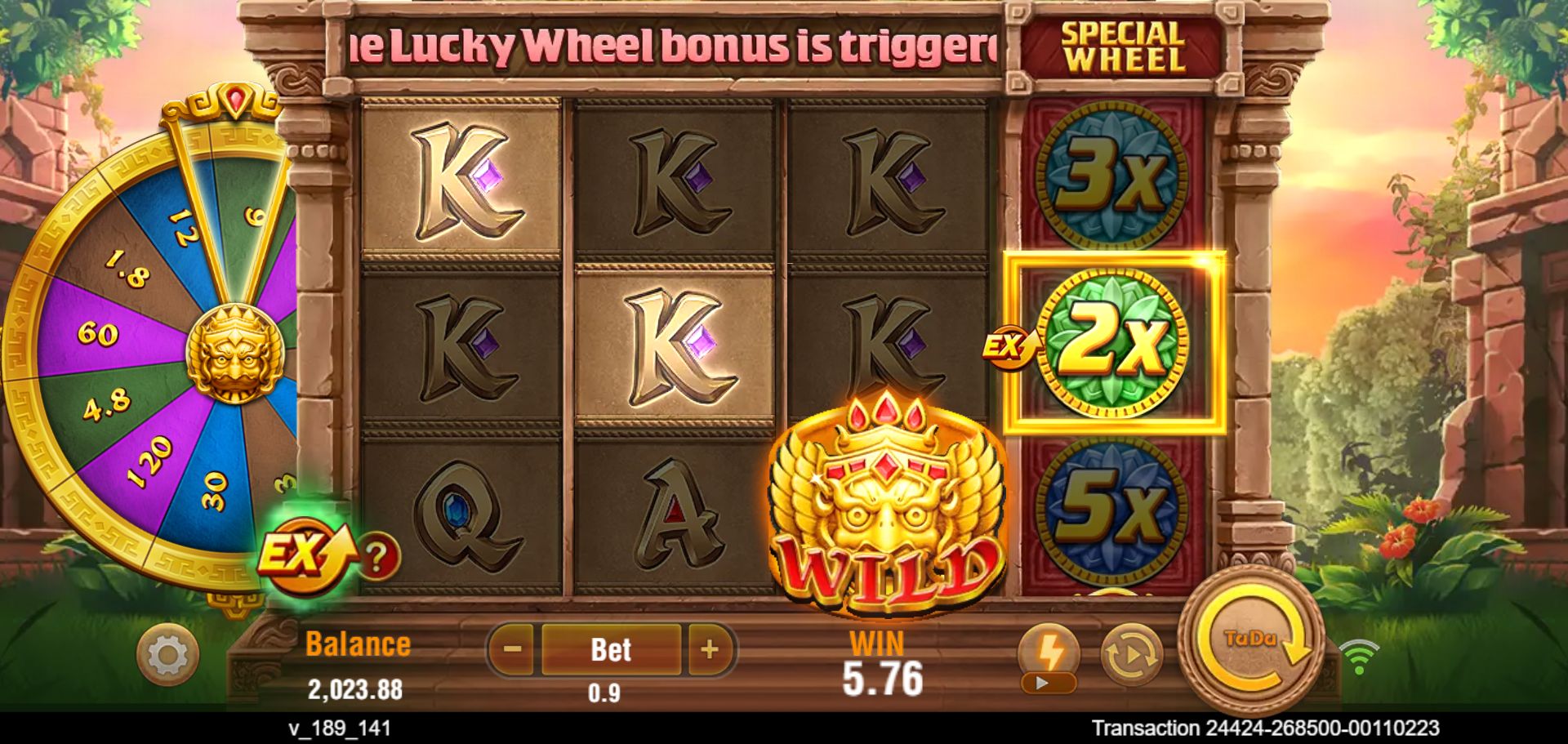 EX spin 95 with final WIN 5.76, Bet 0.9 and WILD replacing K on the highlighted descending diagonal