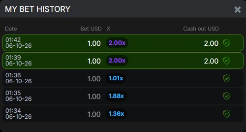 Personal bet history confirms the newest round 8 entry with bet 1.00, multiplier 2.00x and cashout 2.00