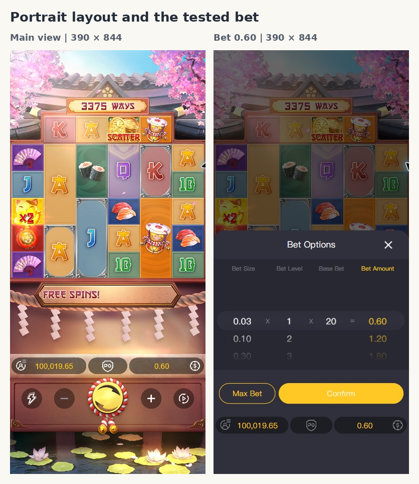 Lucky Neko portrait main screen and bet-confirmation view in a 390 by 844 desktop viewport