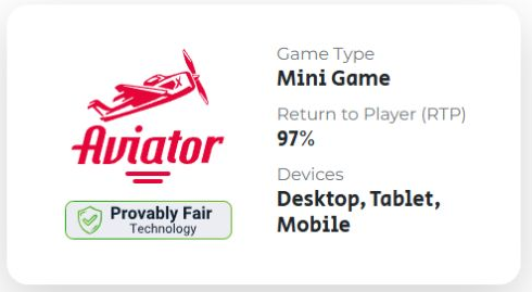 Official SPRIBE product panel listing Aviator as Mini Game with RTP 97 percent and desktop tablet mobile devices