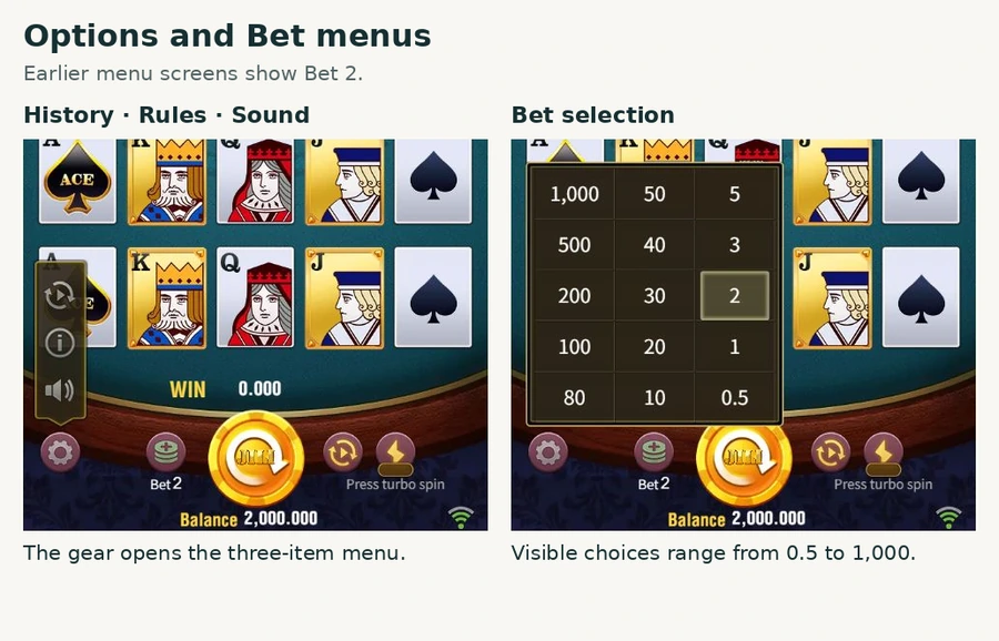 Actual options and Bet menus show History, game rules, sound and a selectable Bet range of 0.5 to 1,000.