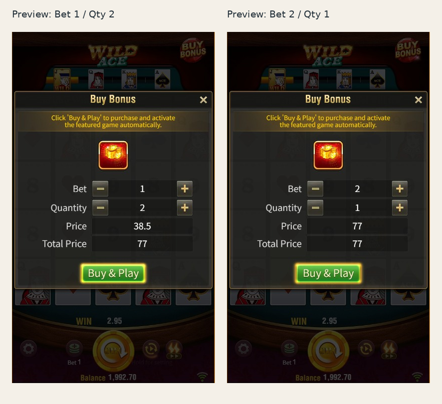 Two Wild Ace Buy Bonus price previews both total 77 with different bet and quantity settings