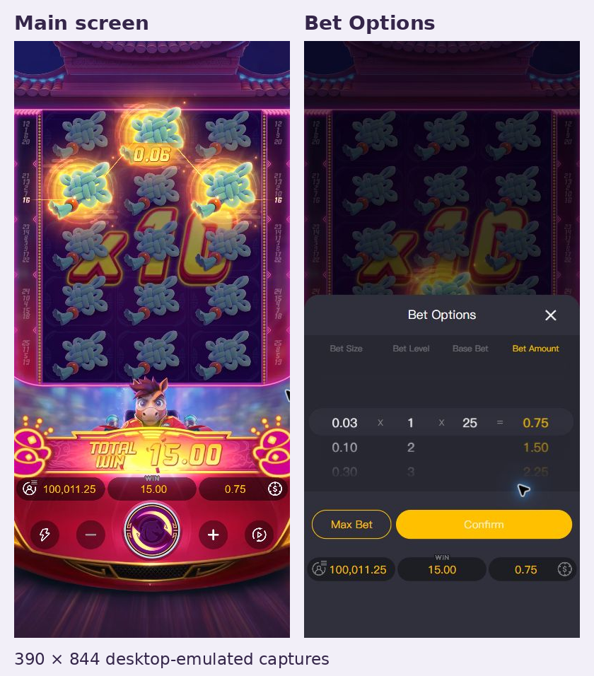 Two actual 390 by 844 Fortune Horse portrait captures: main screen and Bet Options, where 0.03 times 1 times 25 gives a total bet of 0.75