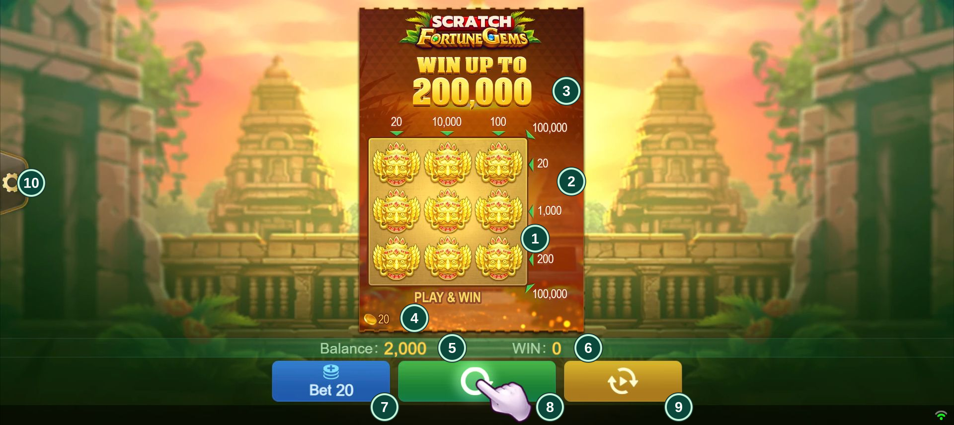 Full Fortune Gems Scratch interface with ten numbered controls and game areas