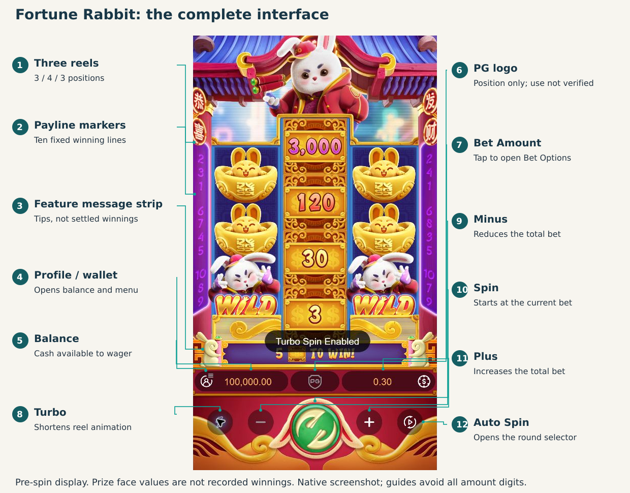 Fortune Rabbit's full native game screen with twelve numbered areas and external English labels