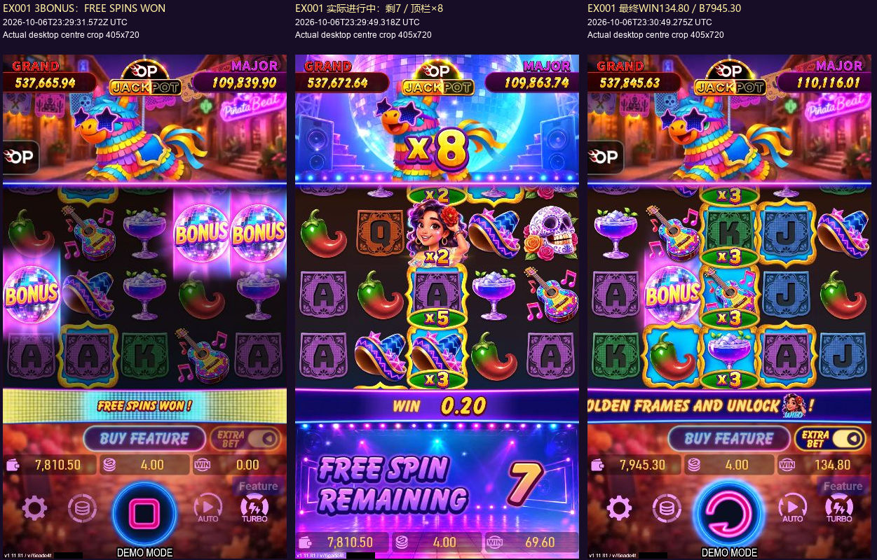 EX 001 bonus trigger, an in-progress state with seven free spins remaining, and the final payout of 134.80. EX 001 bonus trigger, an in-progress state with seven free spins remaining, and the final payout of 134.80.