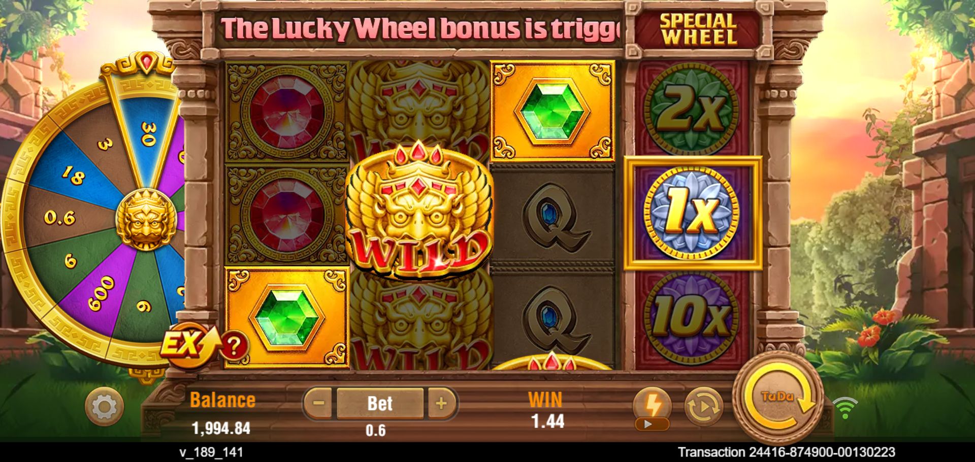 Spin 23 showing WILD between two green gems on the rising diagonal, central 1x and final WIN of 1.44