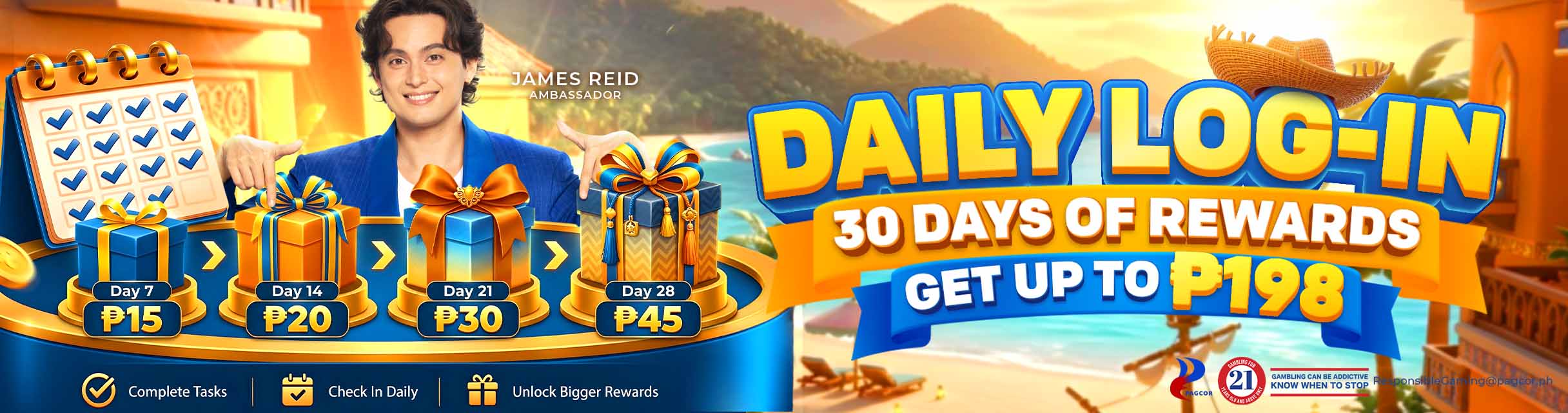 Juan365 daily log-in campaign banner identifying James Reid as a brand ambassador.
