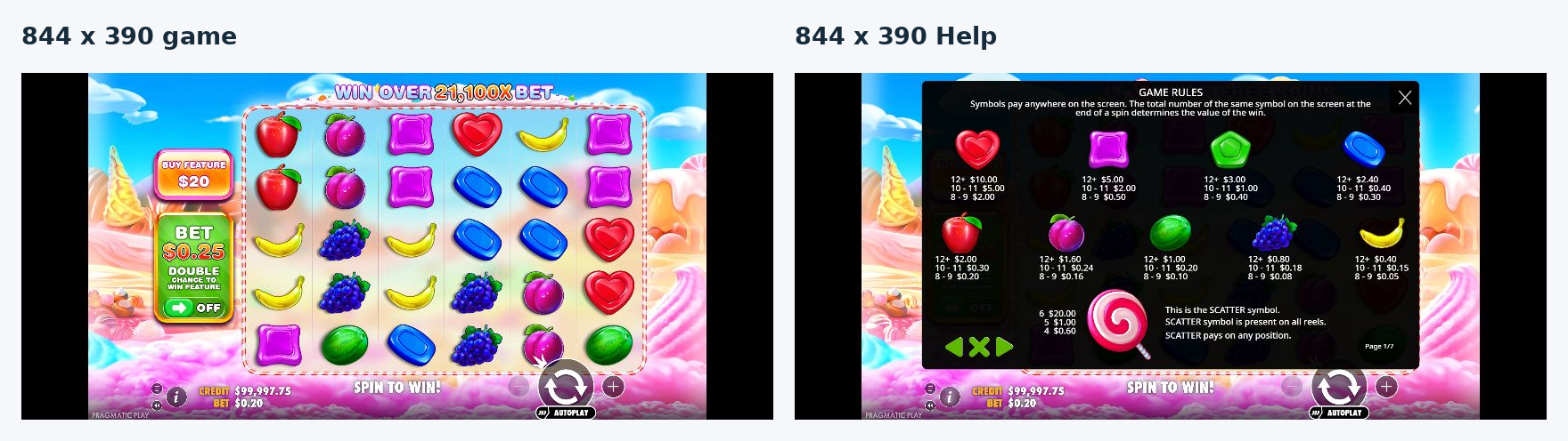 Two original 844 by 390 desktop simulated landscape screenshots showing the game and opened Help side by side