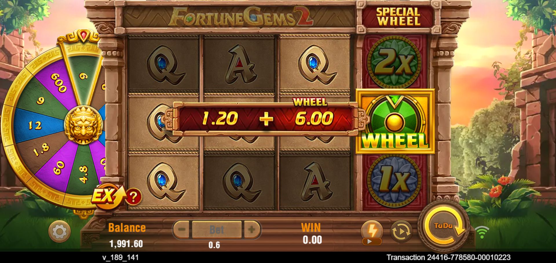 Ordinary spin 14 showing a 1.20 line award plus a 6.00 wheel award while the bottom WIN remains at zero during settlement