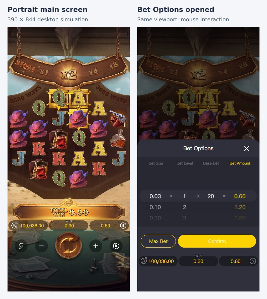 Two equal-height original 390 by 844 desktop viewport screenshots show the portrait game screen and the opened Bet Options panel
