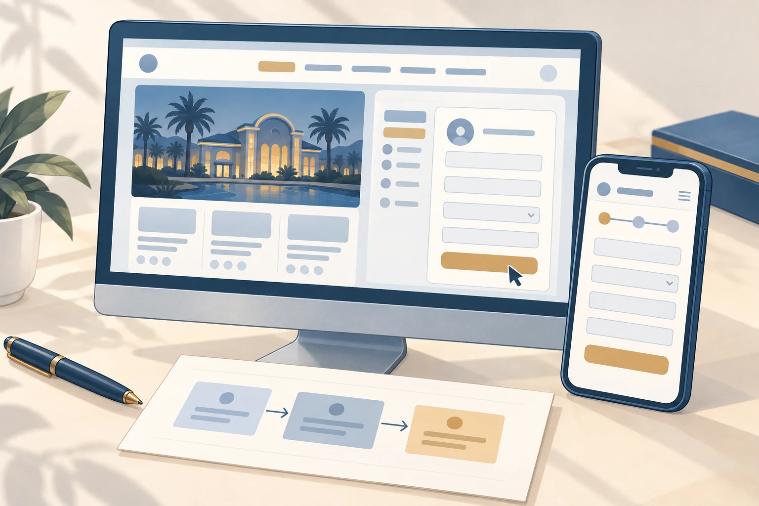 Editorial illustration of examining website navigation and account forms on desktop and mobile.
