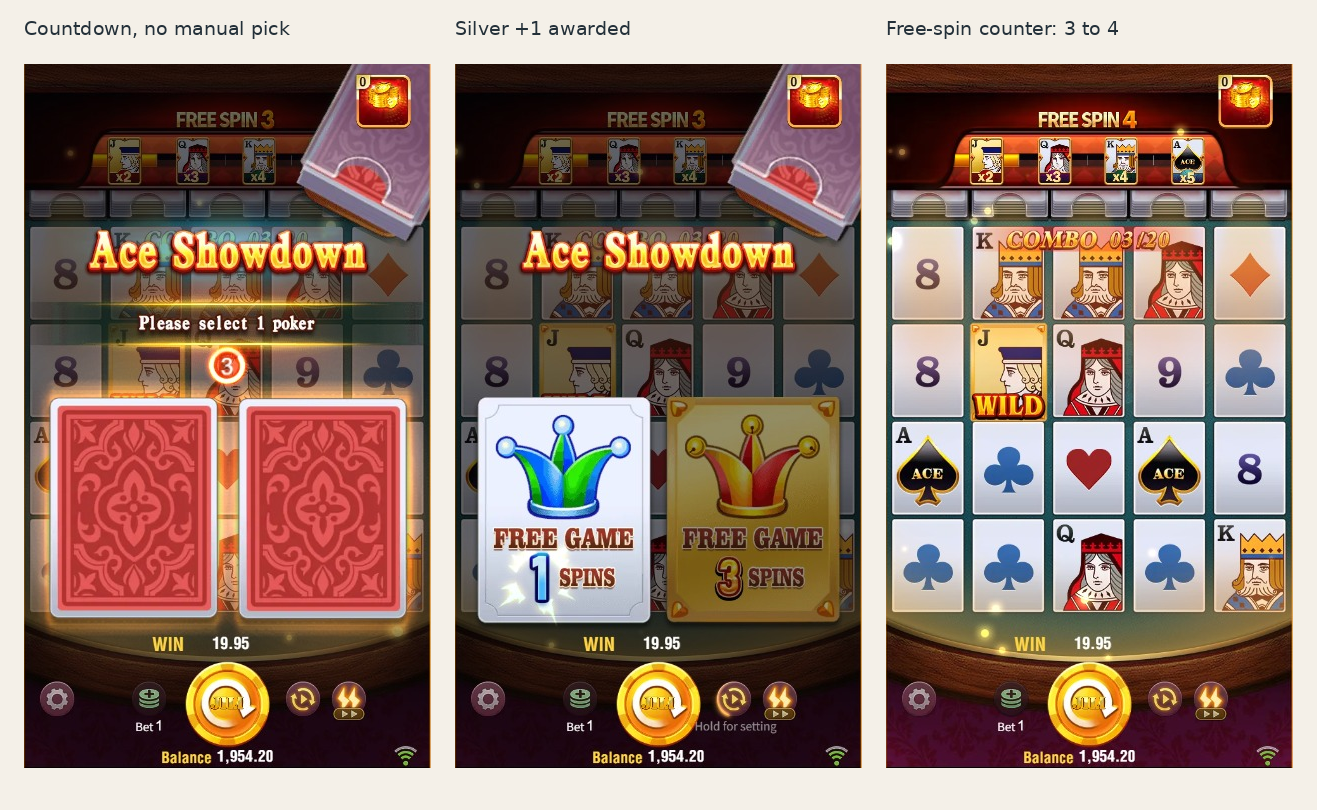 Ace Showdown countdown reveals the awarded silver one-spin card and then increases free spins from three to four