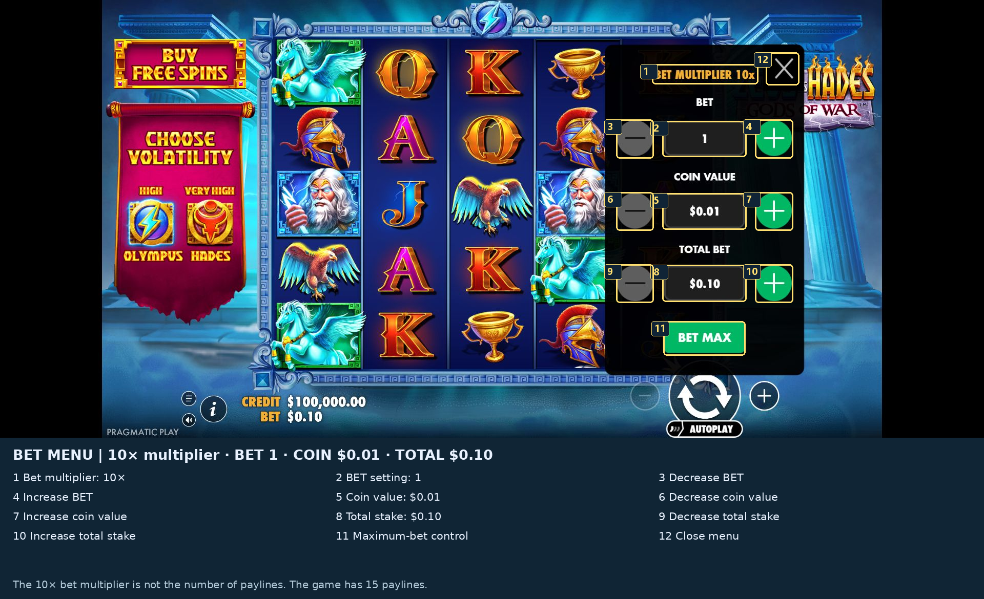 Expanded bet menu showing multiplier 10x, BET 1, coin value 0.01 and total bet 0.10