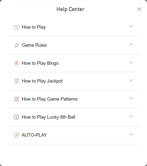Bingo Mega Help menu with rules, patterns and Lucky 8th Ball sections Bingo Mega Help menu with rules, patterns and Lucky 8th Ball sections