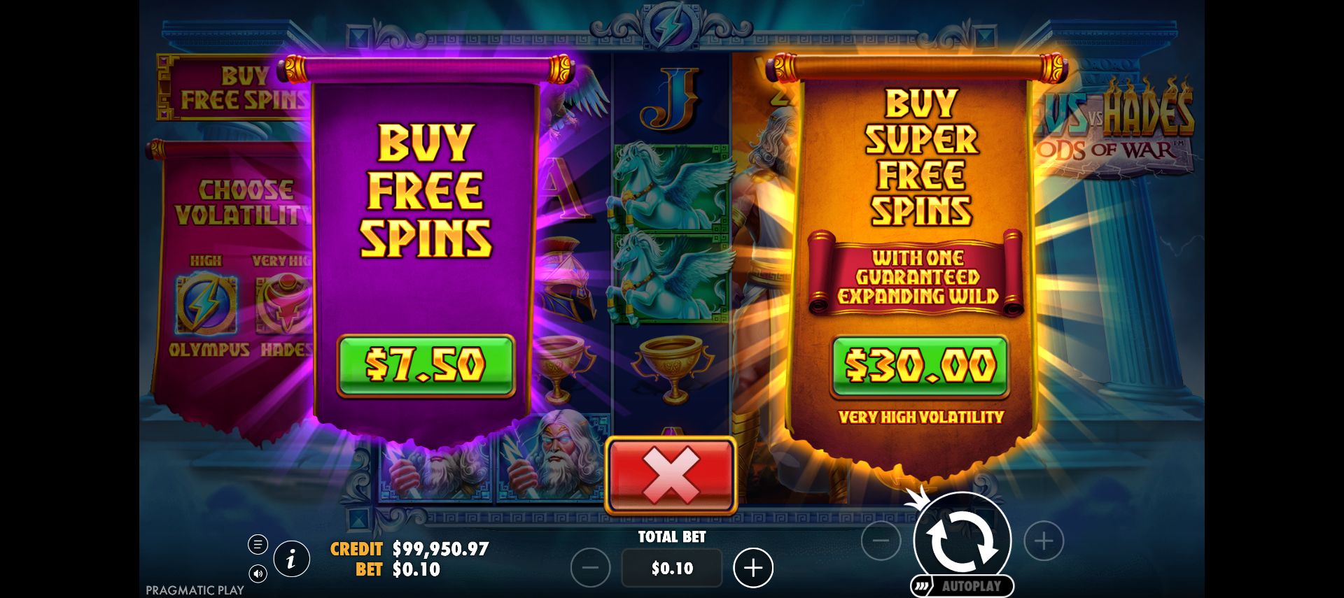 Olympus bonus menu quoting 7.50 standard and 30.00 Super at total stake 0.10