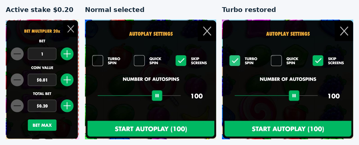 Actual stake panel beside Normal and Turbo speed panels with consistent spacing and original proportions