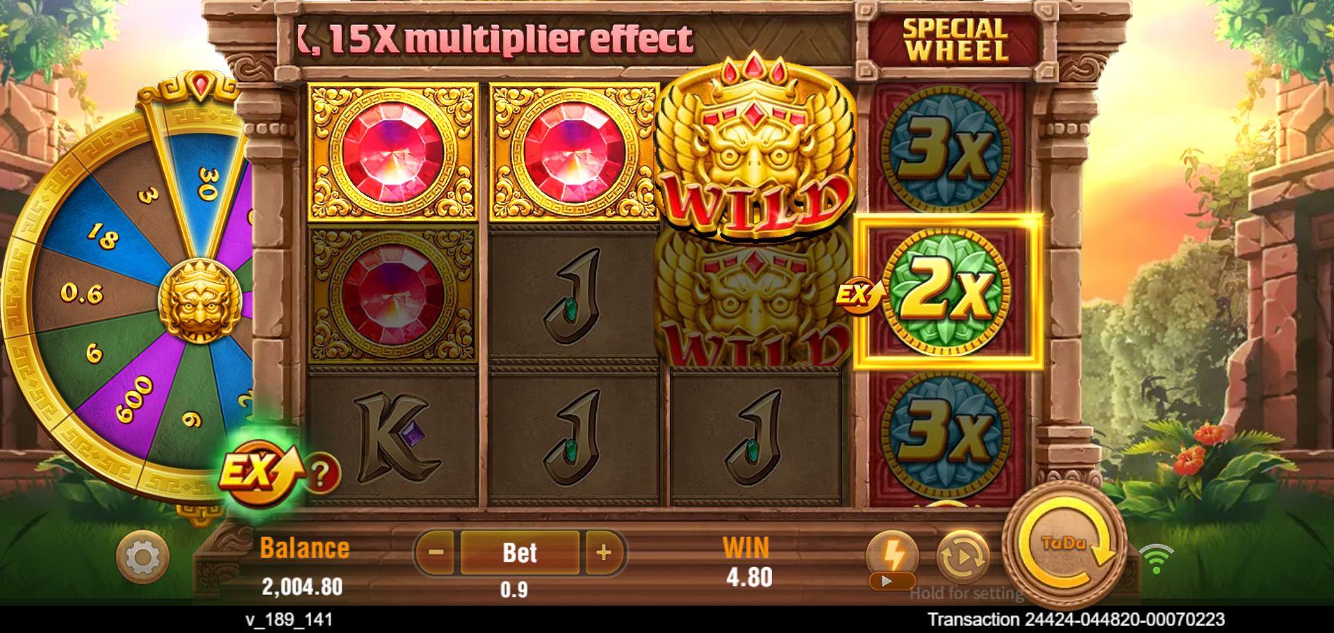 EX spin 61 after settlement, showing a red gem red gem WILD top line, central 2x and final WIN of 4.80