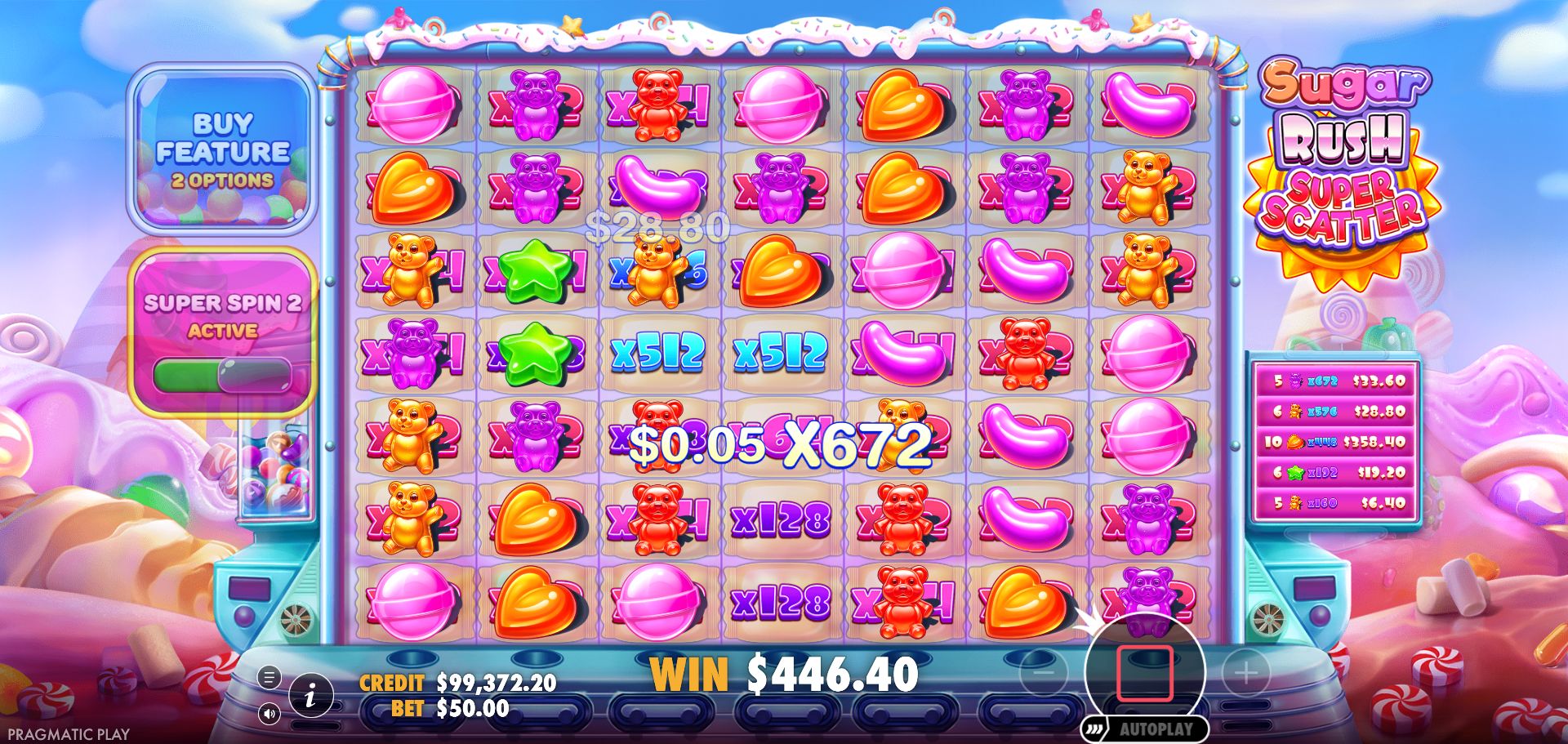 Sugar Rush Super Scatter selected event 185 image with individual positions showing 512×.