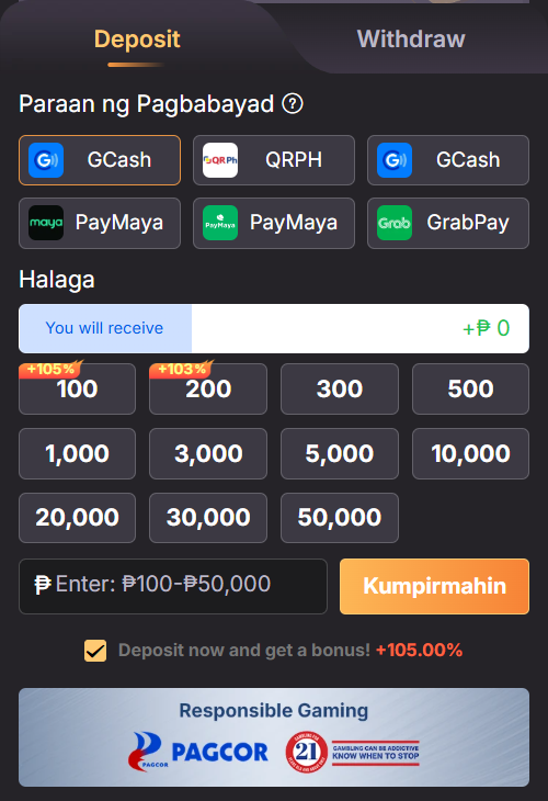 GTongitsPlus deposit page with GCash, QRPH, PayMaya, GrabPay and preset amounts