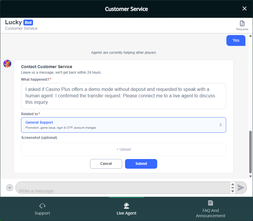 Casino Plus human-support transfer showing busy agents and a contact form