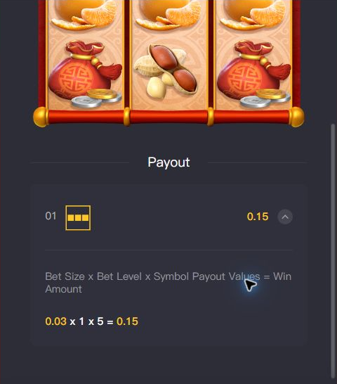 Spin 3 History showing the expanded orange-line payout formula 0.03 times 1 times 5 equals 0.15