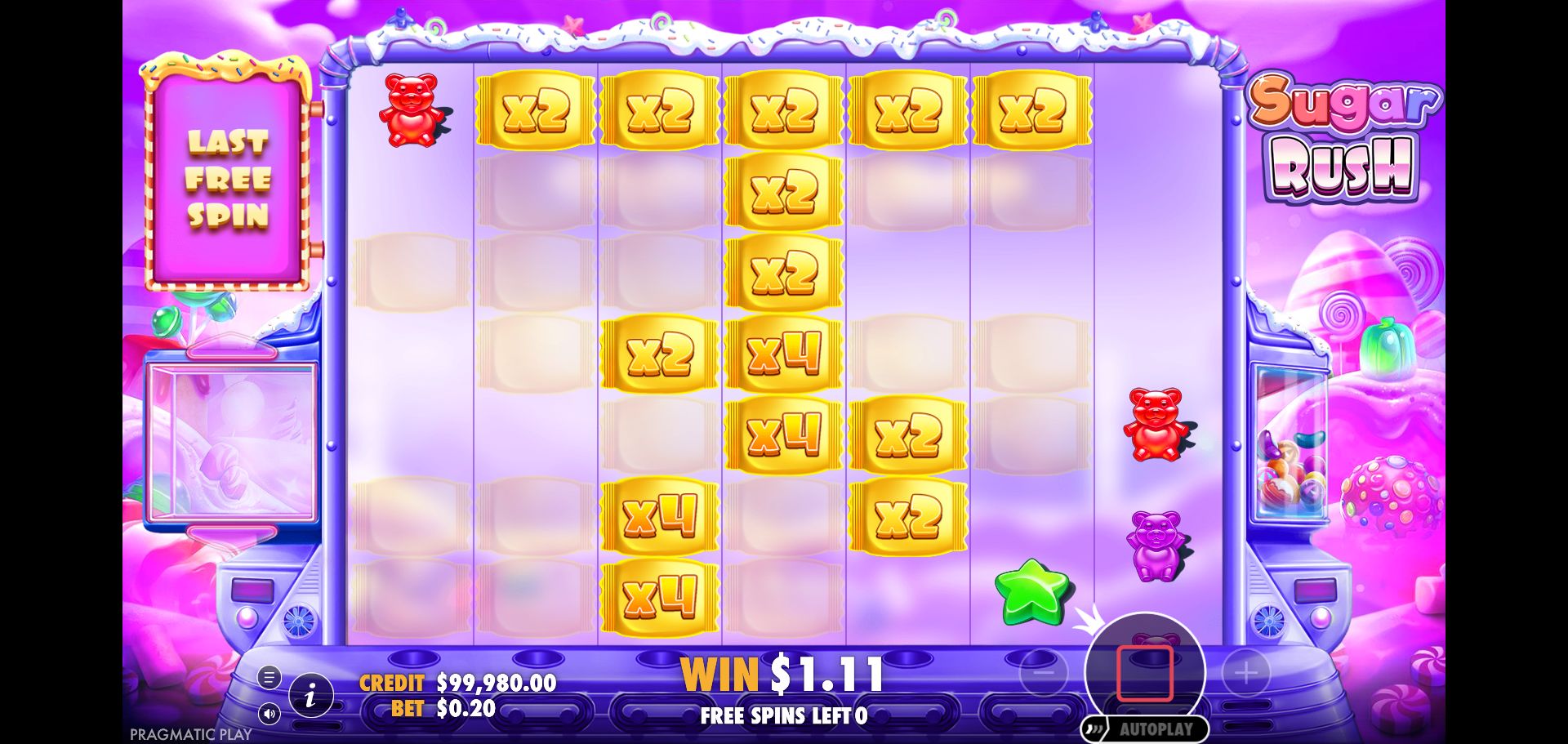The original purchased feature, last-spin transition. Multiple 2× and 4× positions are directly visible; this image is not the complete doubling sequence.