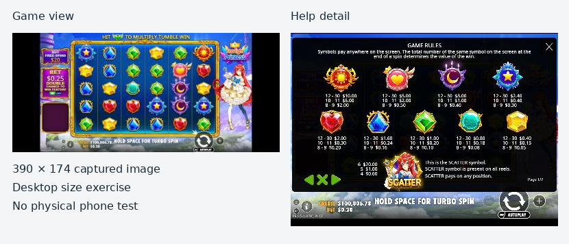 Two genuine desktop-size captures: the compact Starlight Princess game view beside a cropped Help detail