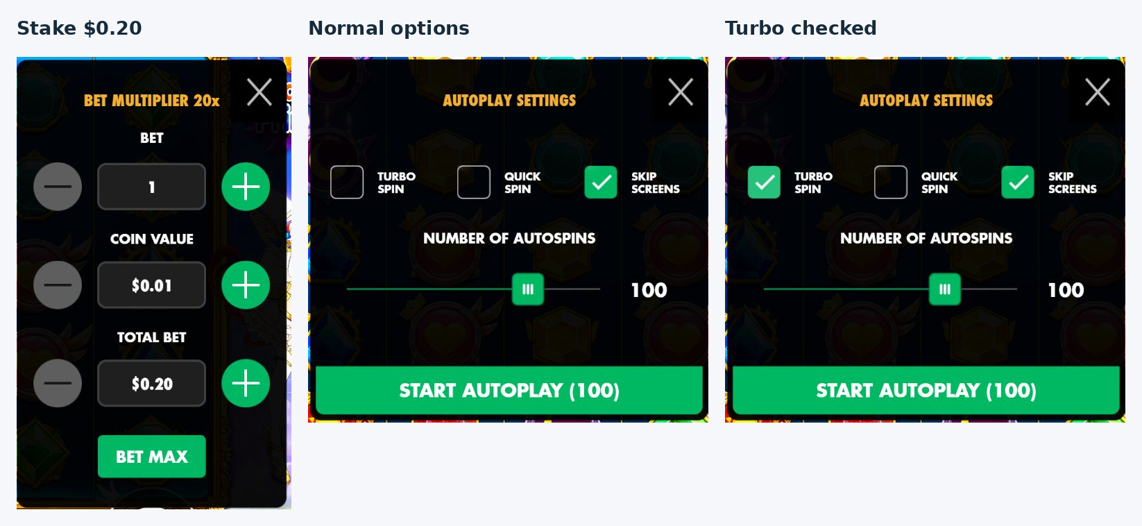 Actual Starlight Princess stake panel at twenty cents beside Normal options and the checked Turbo setting