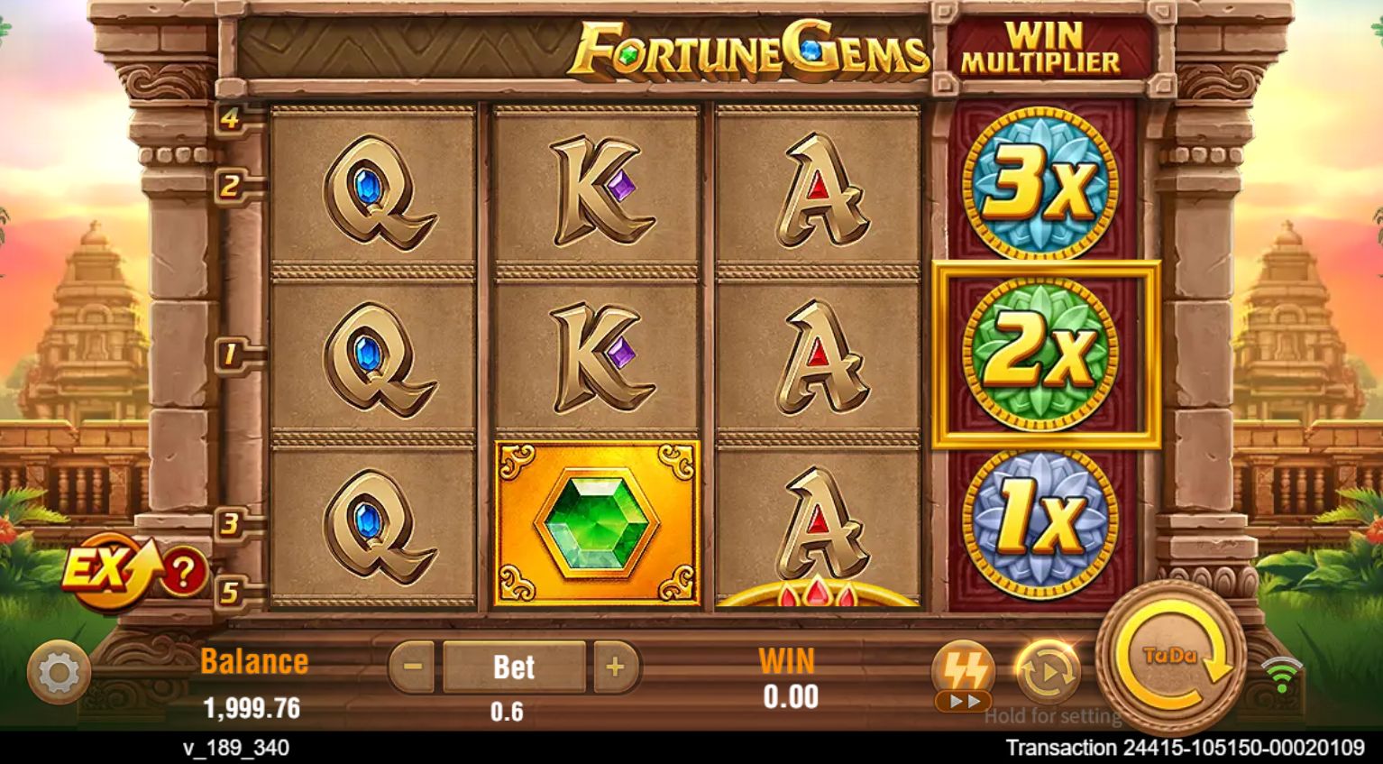 Fortune Gems ordinary mode showing a 0.60 bet and 1999.76 demo-credit balance