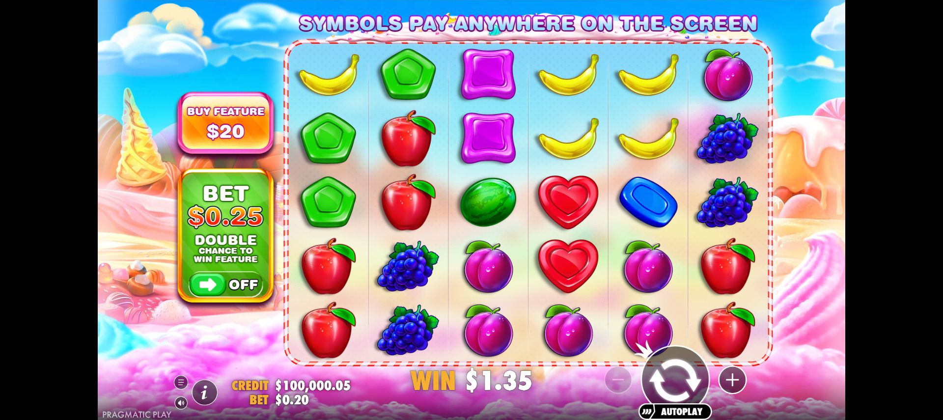 Ninth spin final result showing a payout of one dollar and thirty five cents and a wallet just above the starting balance