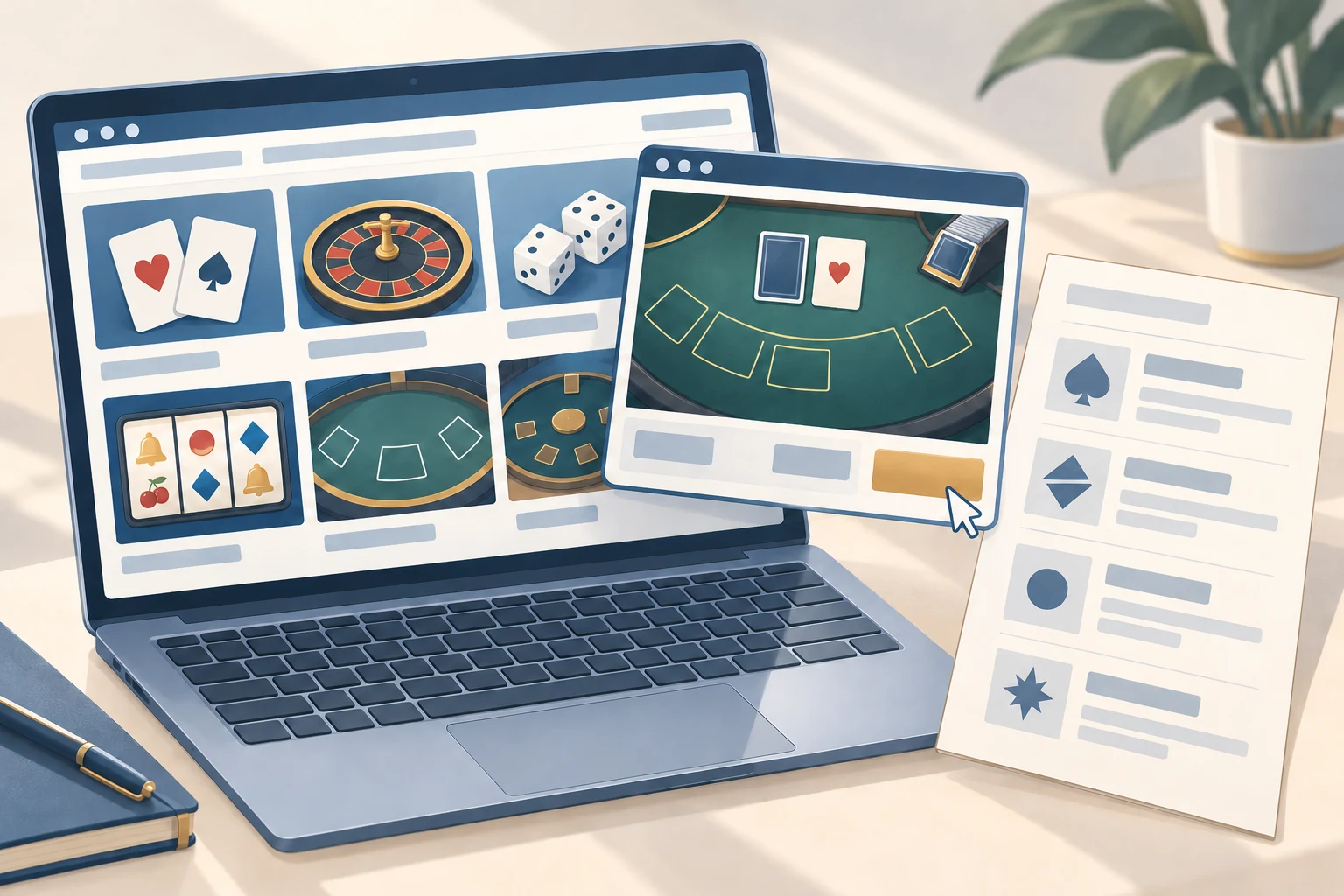 Editorial illustration of reviewing a varied game library, provider catalogue and an opened game interface.